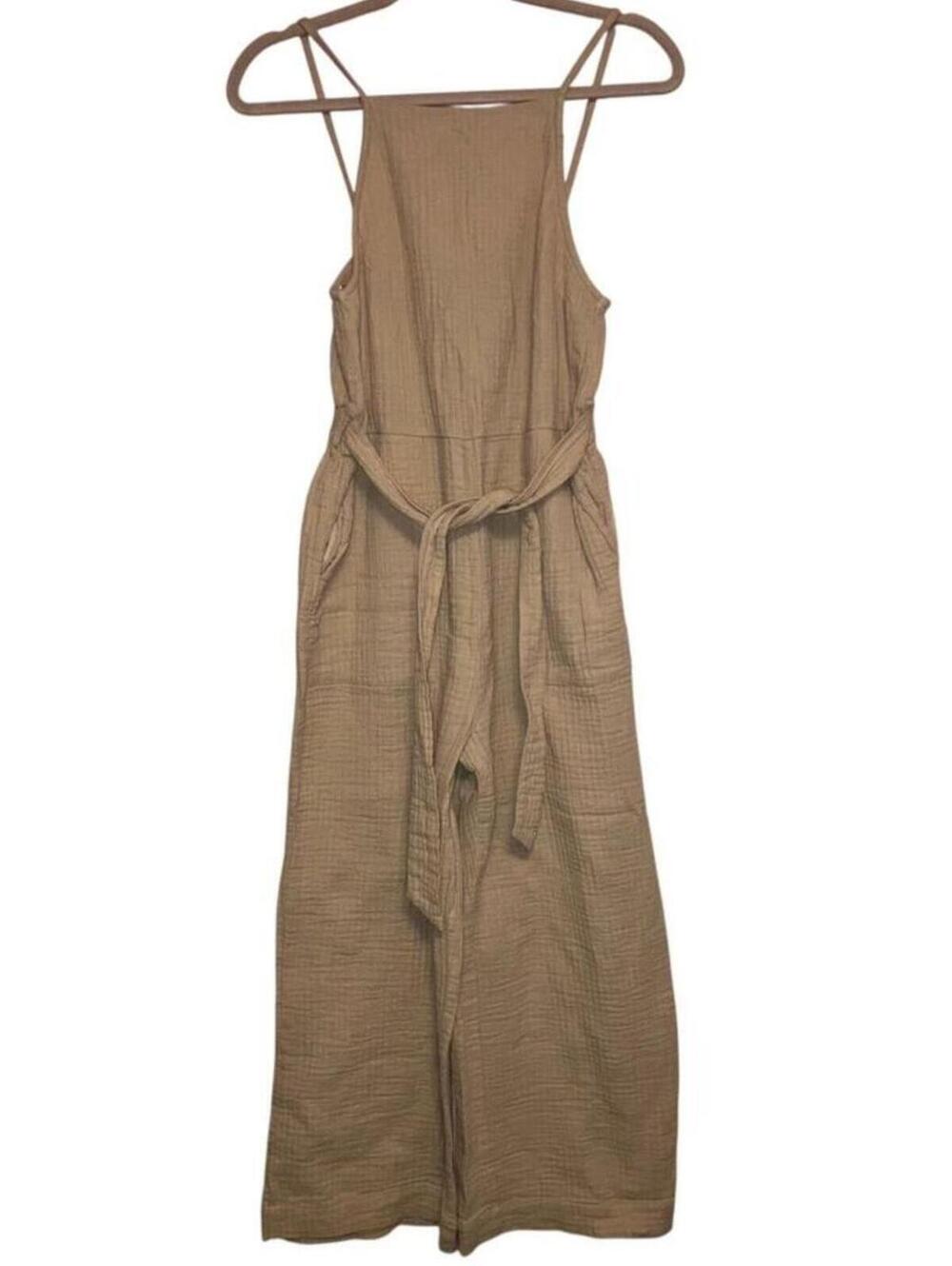 Zara Jumpsuit Womens Small Tie Waist Tan Wide Leg Gauze Boho